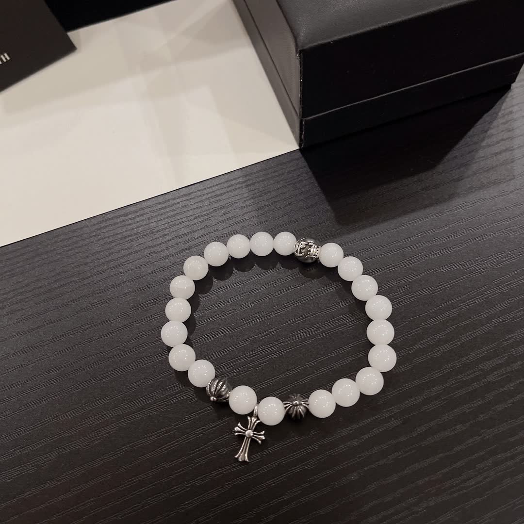 Chrome Hearts White Bead Bracelet with Cross Charm